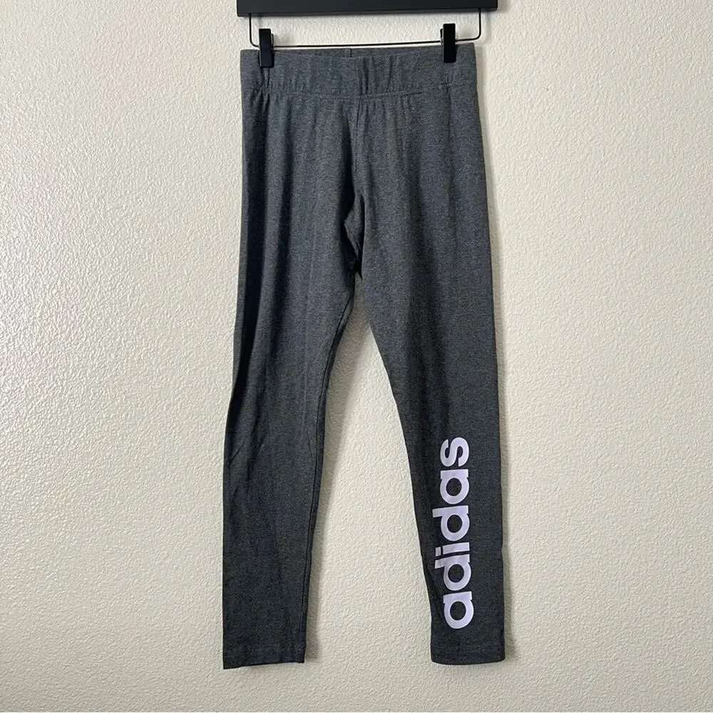 Adidas Essentials Linear Legging Heather Charcoal Gray Lavender Logo FM6689